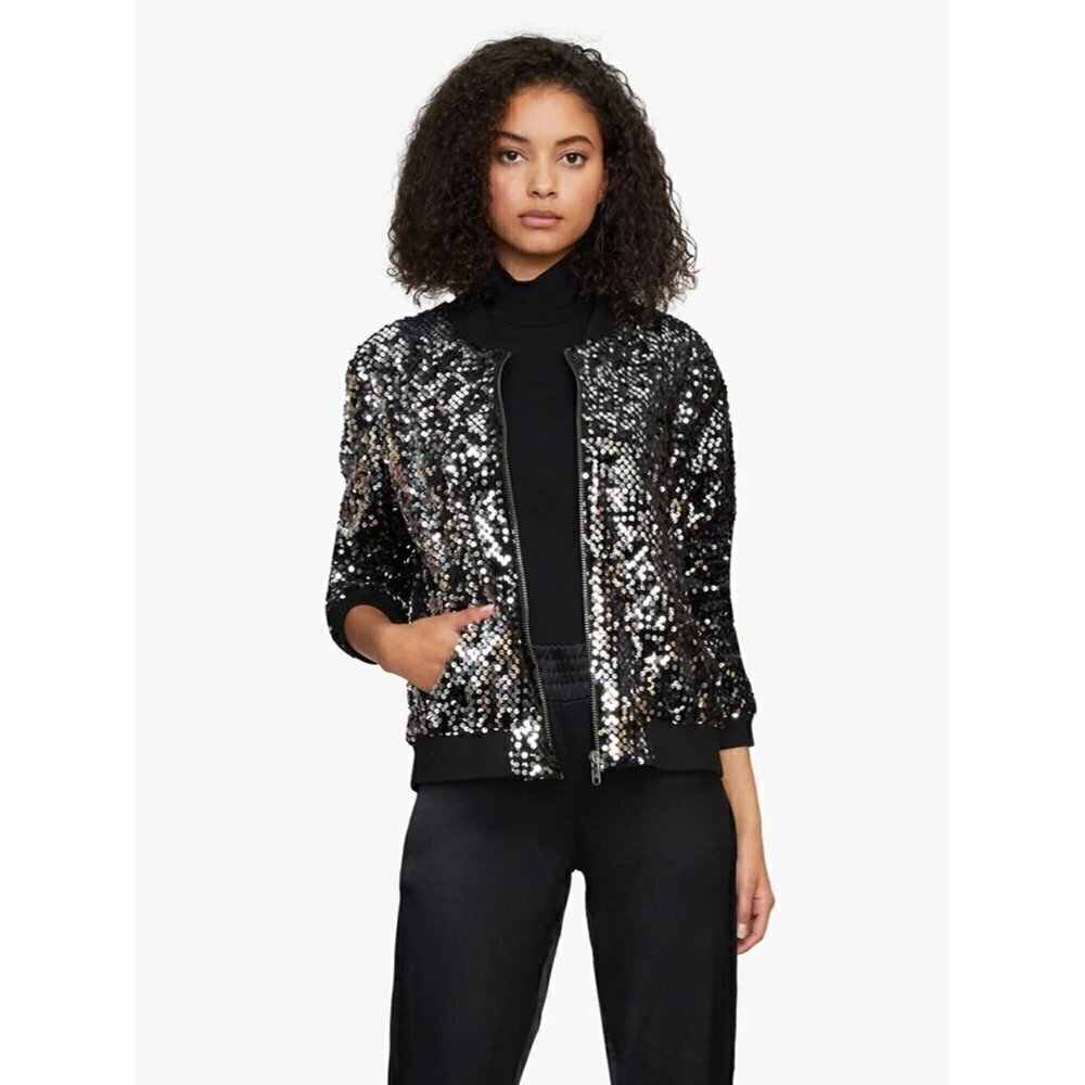 Sanctuary Black Disco Sequin Bomber Jacket XS